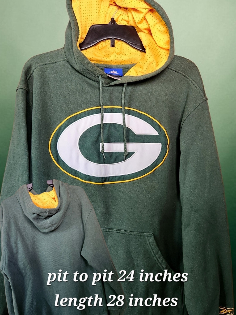 Reebok Green Hooded Sweatshirt with Yellow Lining Abd Front Pouch - Team Crest